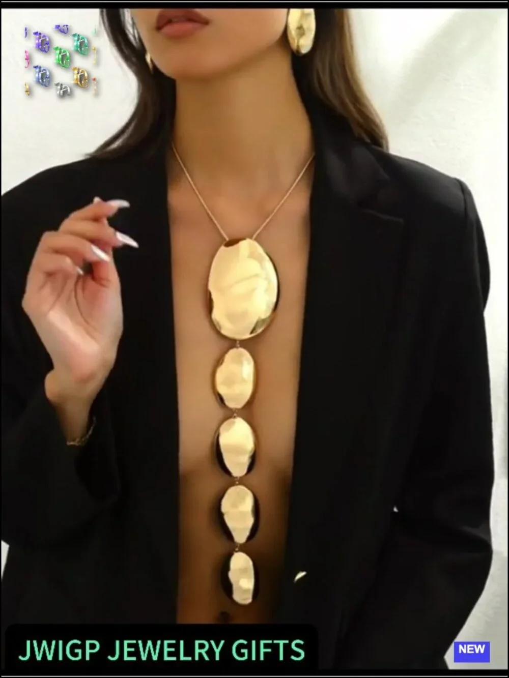 2pc Geometric Hammered Texture Asymmetrical Long Pendant Necklace & Earrings Set